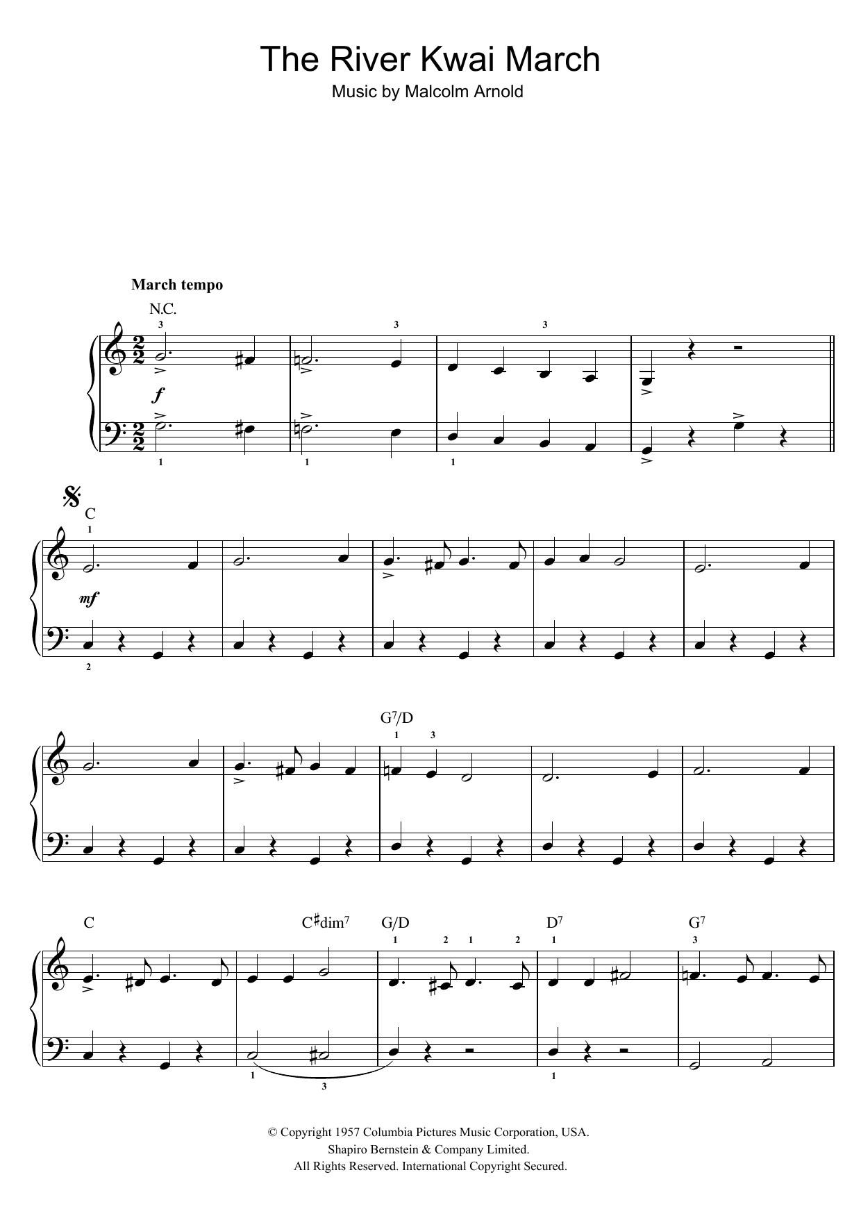 Learn to play Malcolm Arnold The River Kwai March (from 'The Bridge On The River Kwai') sheet music for Piano, Vocal & Guitar Chords in minutes. Price: 7.8900$ Malcolm Arnold The River Kwai March (from 'The Bridge On The River Kwai') sheet music notes and chords arranged for Piano, Vocal & Guitar Chords