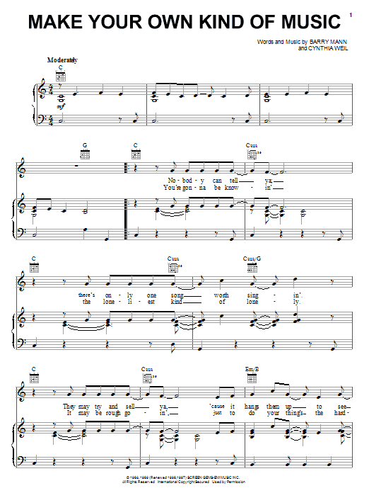 Mama Cass Elliot Make Your Own Kind Of Music sheet music notes and chords. Download Printable PDF.