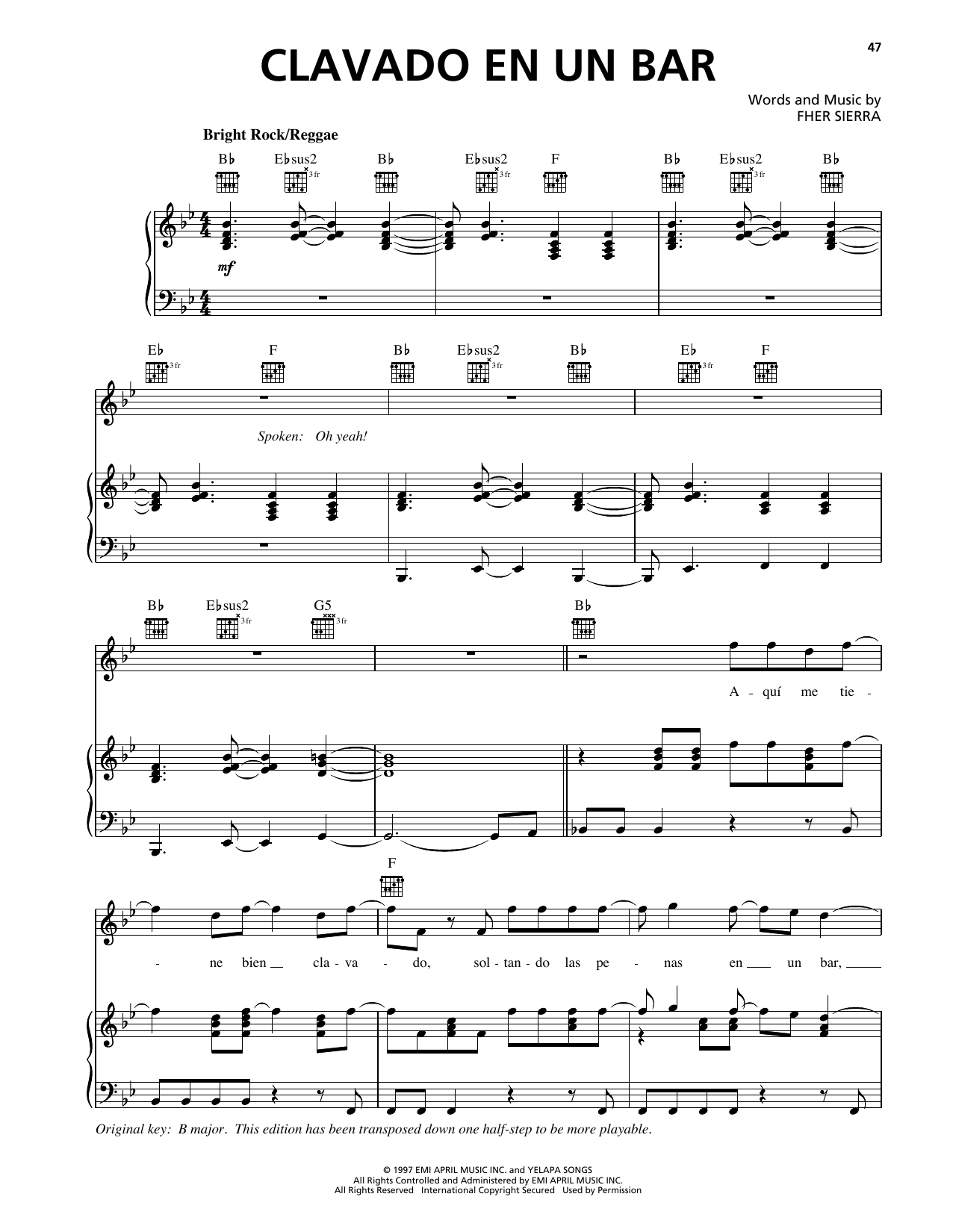Learn to play Maná Clavado En Un Bar sheet music for Piano, Vocal & Guitar Chords (Right-Hand Melody) in minutes. Price: 7.8900$ Maná Clavado En Un Bar sheet music notes and chords arranged for Piano, Vocal & Guitar Chords (Right-Hand Melody)