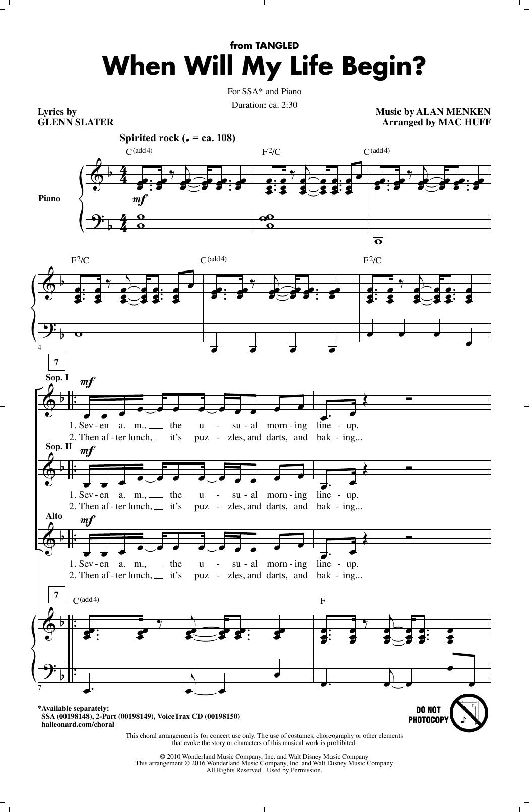 Learn to play Mandy Moore When Will My Life Begin? (from Disney's Tangled) (arr. Mac Huff) sheet music for 2-Part Choir in minutes. Price: 3.9900$ Mandy Moore When Will My Life Begin? (from Disney's Tangled) (arr. Mac Huff) sheet music notes and chords arranged for 2-Part Choir