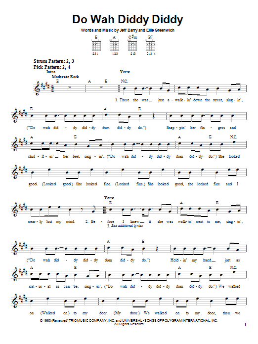 Manfred Mann Do Wah Diddy Diddy sheet music notes and chords. Download Printable PDF.