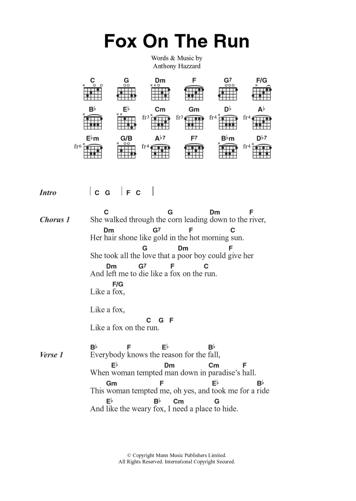 Manfred Mann Fox On The Run sheet music notes and chords. Download Printable PDF.