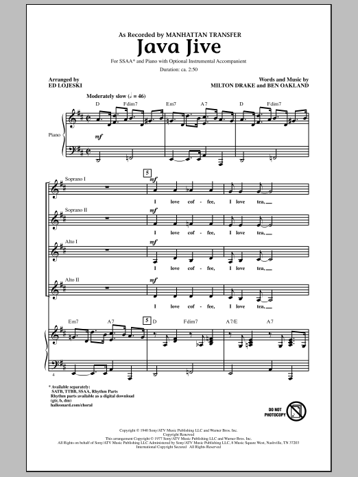 Manhattan Transfer Java Jive (arr. Ed Lojeski) sheet music notes and chords. Download Printable PDF.