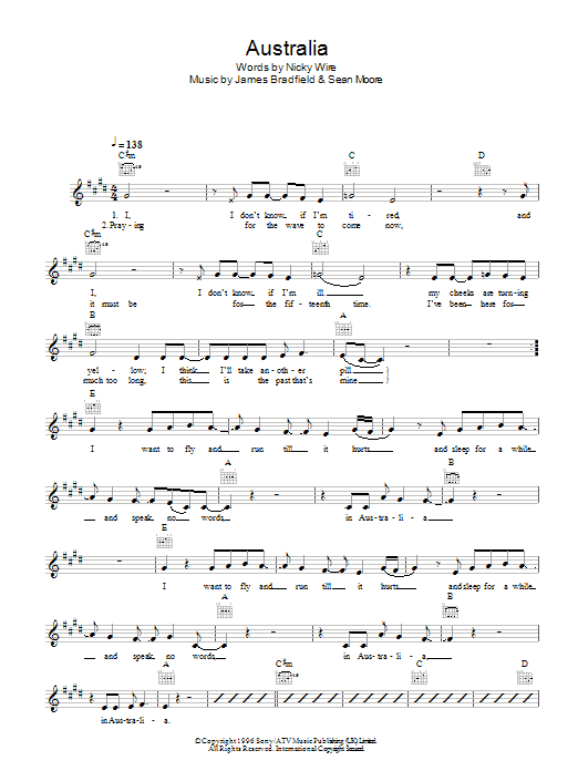 Learn to play Manic Street Preachers Australia sheet music for Lead Sheet / Fake Book in minutes. Price: 5.9900$ Manic Street Preachers Australia sheet music notes and chords arranged for Lead Sheet / Fake Book