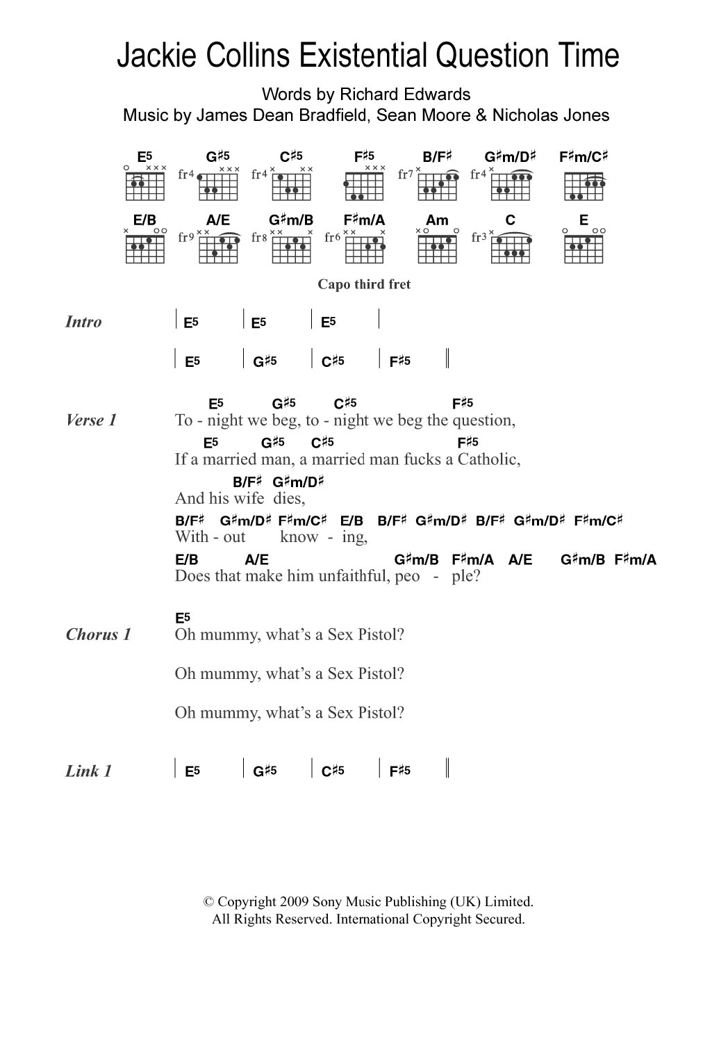 Manic Street Preachers Jackie Collins Existential Question Time sheet music notes and chords. Download Printable PDF.