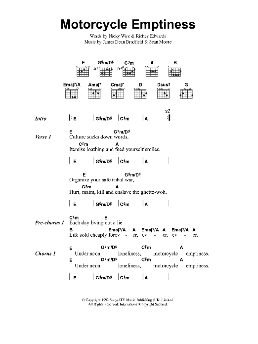 Manic Street Preachers Motorcycle Emptiness sheet music notes and chords arranged for Guitar Chords/Lyrics