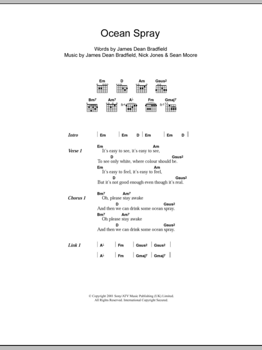 Manic Street Preachers Ocean Spray sheet music notes and chords arranged for Guitar Chords/Lyrics