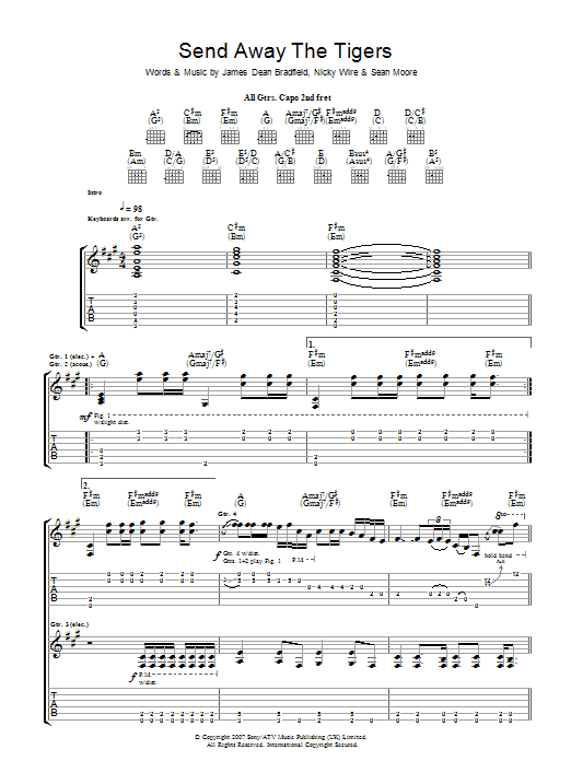 Manic Street Preachers Send Away The Tigers sheet music notes and chords arranged for Guitar Tab