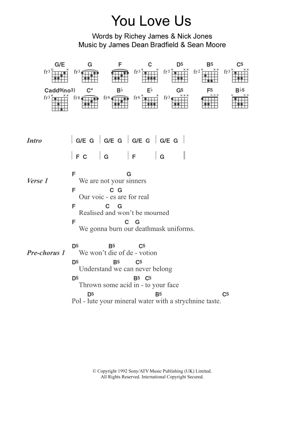 Manic Street Preachers You Love Us sheet music notes and chords. Download Printable PDF.