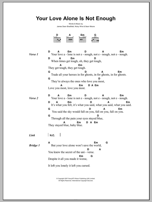 Manic Street Preachers Your Love Alone Is Not Enough sheet music notes and chords. Download Printable PDF.