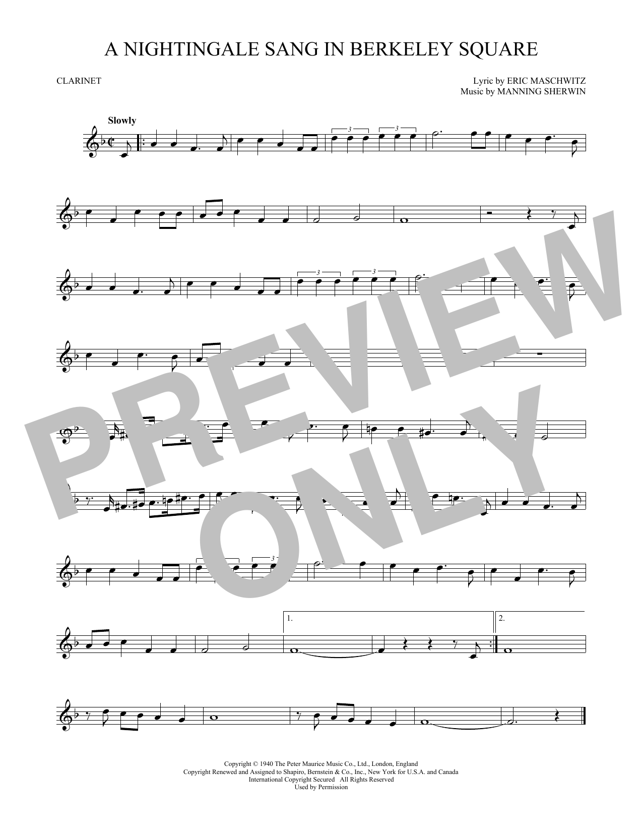 Manning Sherwin A Nightingale Sang In Berkeley Square sheet music notes and chords. Download Printable PDF.