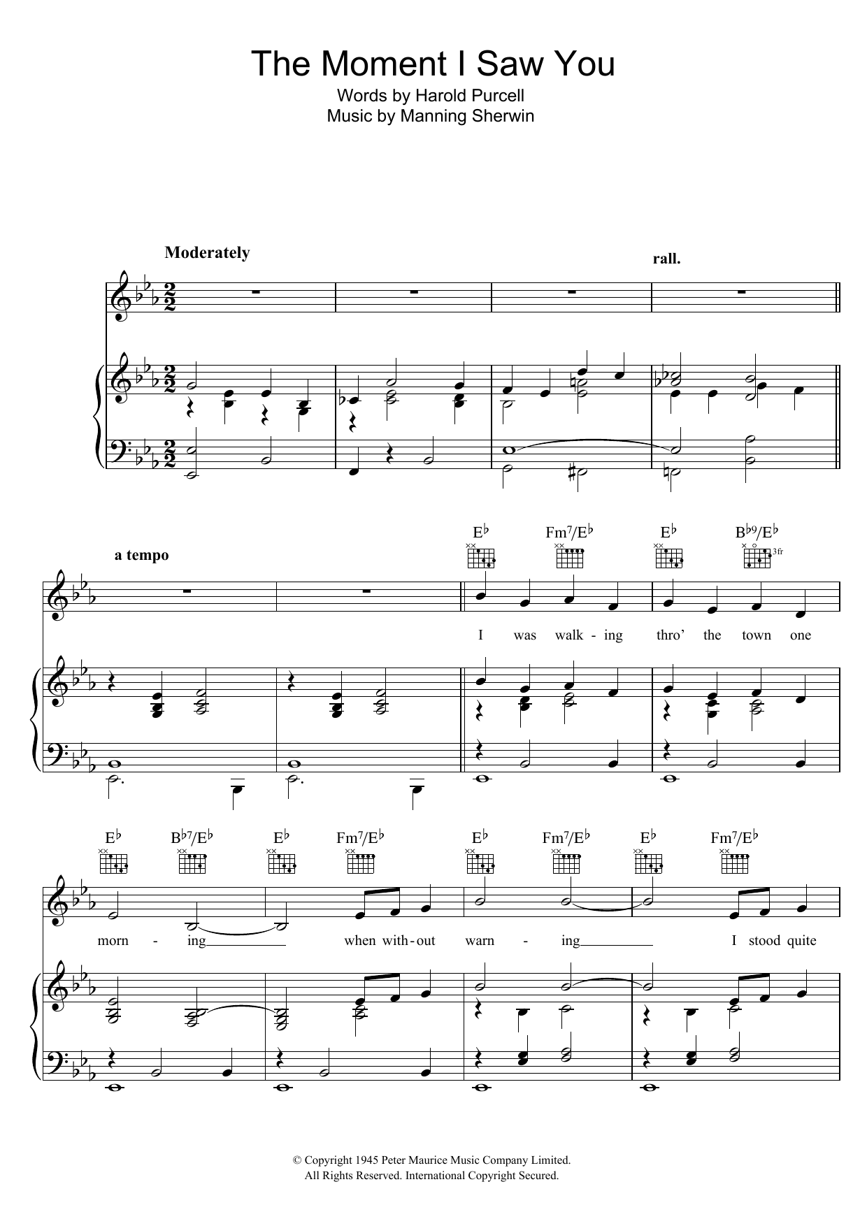 Learn to play Manning Sherwin The Moment I Saw You sheet music for Piano, Vocal & Guitar Chords in minutes. Price: 7.8900$ Manning Sherwin The Moment I Saw You sheet music notes and chords arranged for Piano, Vocal & Guitar Chords