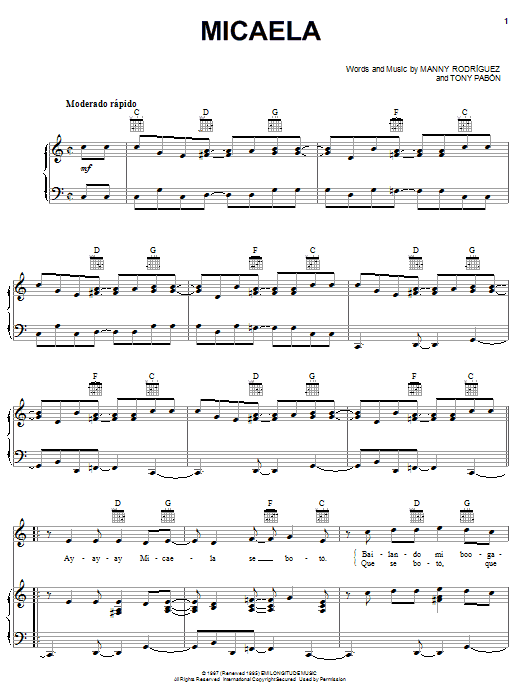 Learn to play Tony Pabon Micaela sheet music for Piano, Vocal & Guitar Chords (Right-Hand Melody) in minutes. Price: 7.8900$ Tony Pabon Micaela sheet music notes and chords arranged for Piano, Vocal & Guitar Chords (Right-Hand Melody)