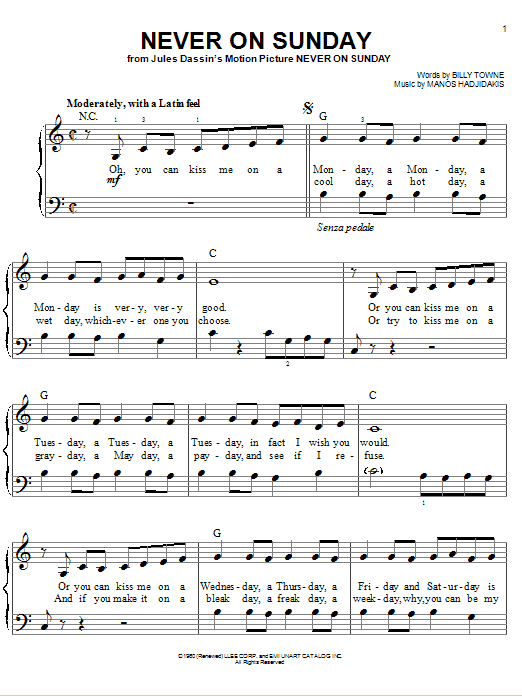 Manos Hadjidakis Never On Sunday sheet music notes and chords. Download Printable PDF.