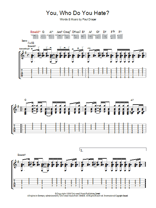 Learn to play Mansun You, Who Do You Hate? sheet music for Guitar Tab in minutes. Price: 7.8900$ Mansun You, Who Do You Hate? sheet music notes and chords arranged for Guitar Tab