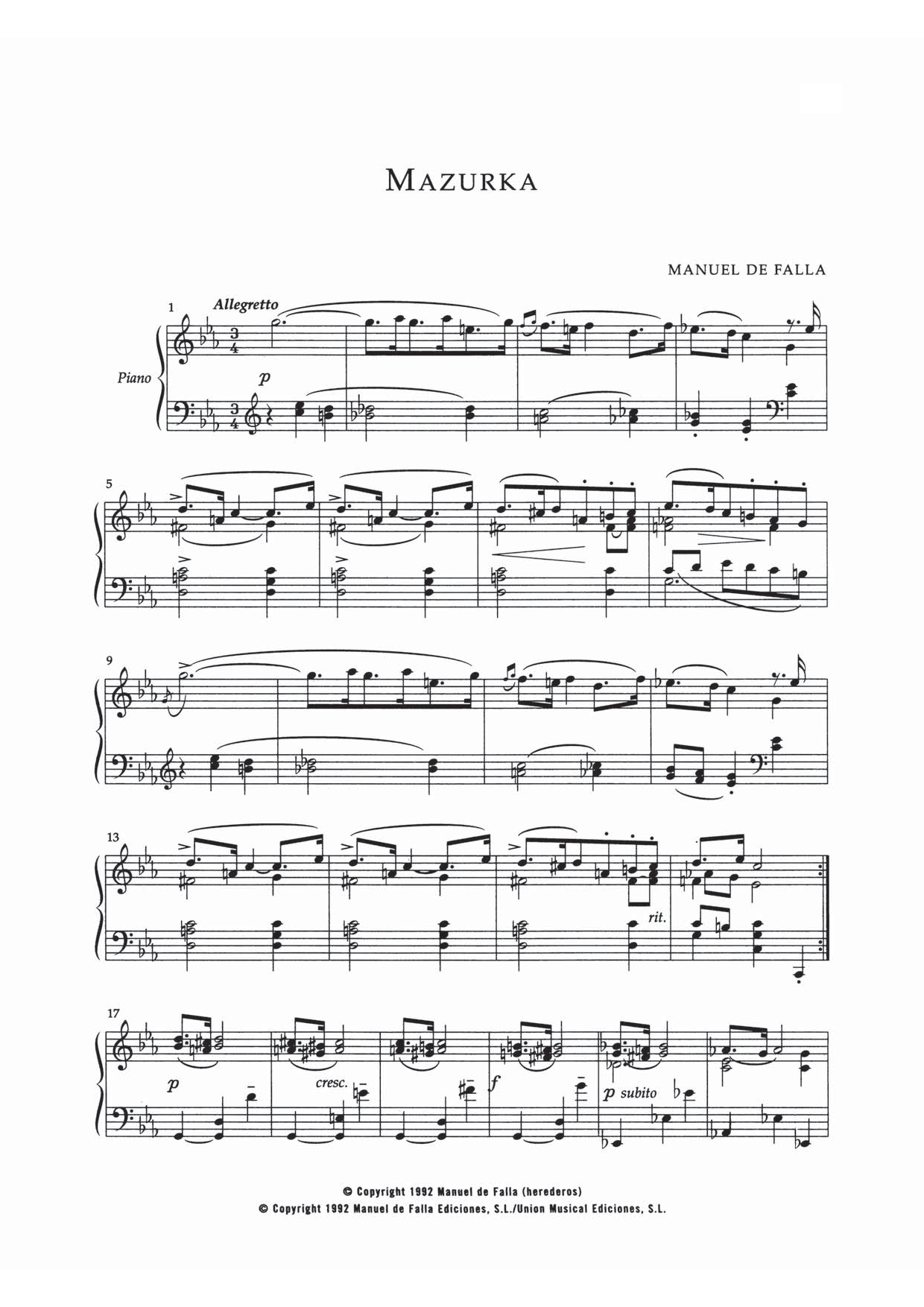 Learn to play Manuel De Falla Mazurka In Do Menor sheet music for Piano Solo in minutes. Price: 7.8900$ Manuel De Falla Mazurka In Do Menor sheet music notes and chords arranged for Piano Solo
