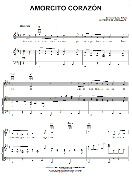 Learn to play Manuel Esperon Amorcito Corazon sheet music for Real Book – Melody & Chords in minutes. Price: 5.9900$ Manuel Esperon Amorcito Corazon sheet music notes and chords arranged for Real Book – Melody & Chords