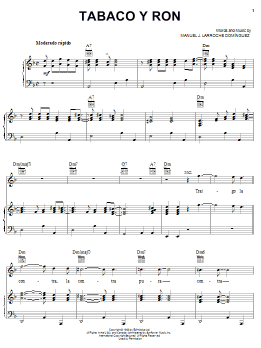 Learn to play Manuel J. Larroche Domínguez Tabaco Y Ron sheet music for Piano, Vocal & Guitar Chords (Right-Hand Melody) in minutes. Price: 7.8900$ Manuel J. Larroche Domínguez Tabaco Y Ron sheet music notes and chords arranged for Piano, Vocal & Guitar Chords (Right-Hand Melody)