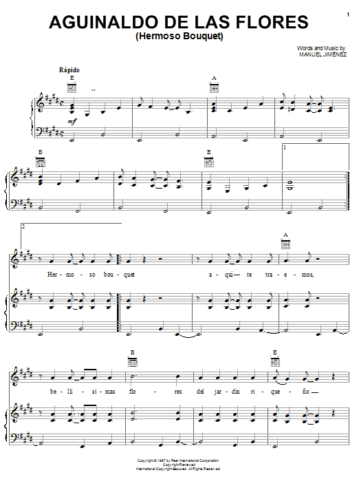 Manuel Jiménez Aguinaldo De Las Flores (Hermoso Bouquet) sheet music notes and chords arranged for Piano, Vocal & Guitar Chords (Right-Hand Melody)