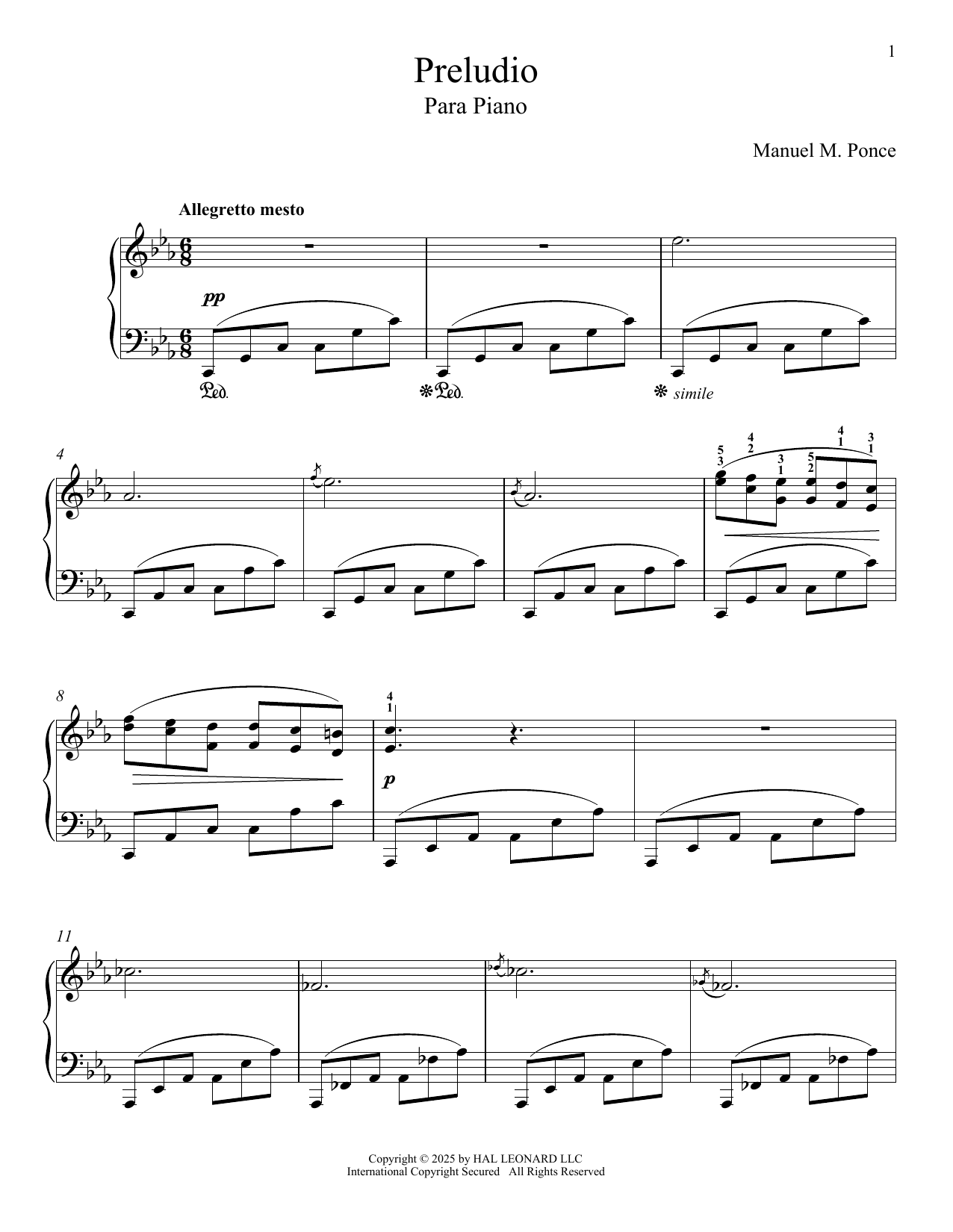 Manuel M. Ponce Prelude [In C Minor] For Piano sheet music notes and chords arranged for Piano Solo