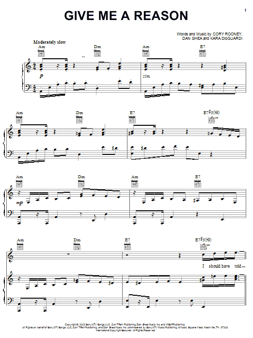 Learn to play Marc Anthony Give Me A Reason sheet music for Piano, Vocal & Guitar Chords (Right-Hand Melody) in minutes. Price: 7.8900$ Marc Anthony Give Me A Reason sheet music notes and chords arranged for Piano, Vocal & Guitar Chords (Right-Hand Melody)
