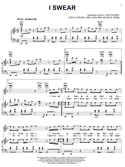 Learn to play Marc Anthony I Swear sheet music for Piano, Vocal & Guitar Chords (Right-Hand Melody) in minutes. Price: 7.8900$ Marc Anthony I Swear sheet music notes and chords arranged for Piano, Vocal & Guitar Chords (Right-Hand Melody)