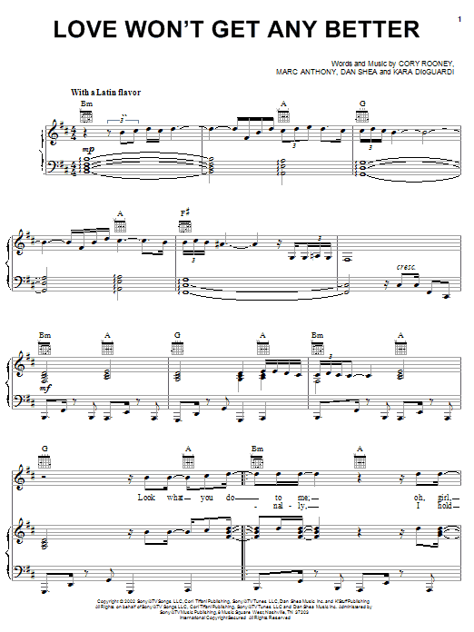 Learn to play Marc Anthony Love Won't Get Any Better sheet music for Piano, Vocal & Guitar Chords (Right-Hand Melody) in minutes. Price: 7.8900$ Marc Anthony Love Won't Get Any Better sheet music notes and chords arranged for Piano, Vocal & Guitar Chords (Right-Hand Melody)