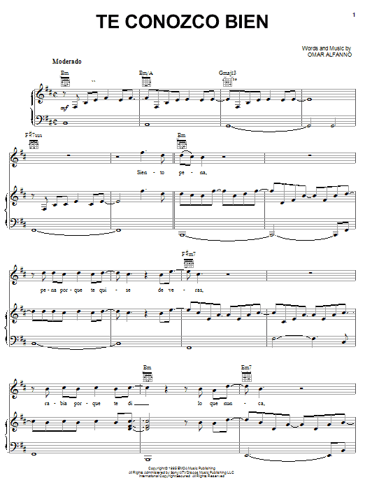 Marc Anthony Te Conozco Bien sheet music notes and chords arranged for Piano, Vocal & Guitar Chords (Right-Hand Melody)