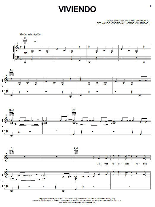 Learn to play Marc Anthony Viviendo sheet music for Piano, Vocal & Guitar Chords (Right-Hand Melody) in minutes. Price: 7.8900$ Marc Anthony Viviendo sheet music notes and chords arranged for Piano, Vocal & Guitar Chords (Right-Hand Melody)