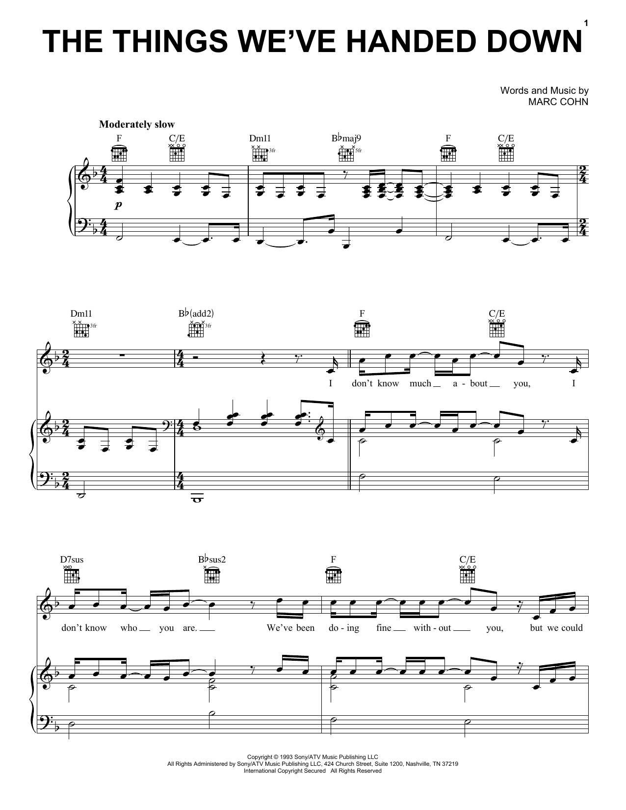 Marc Cohn The Things We've Handed Down sheet music notes and chords. Download Printable PDF.