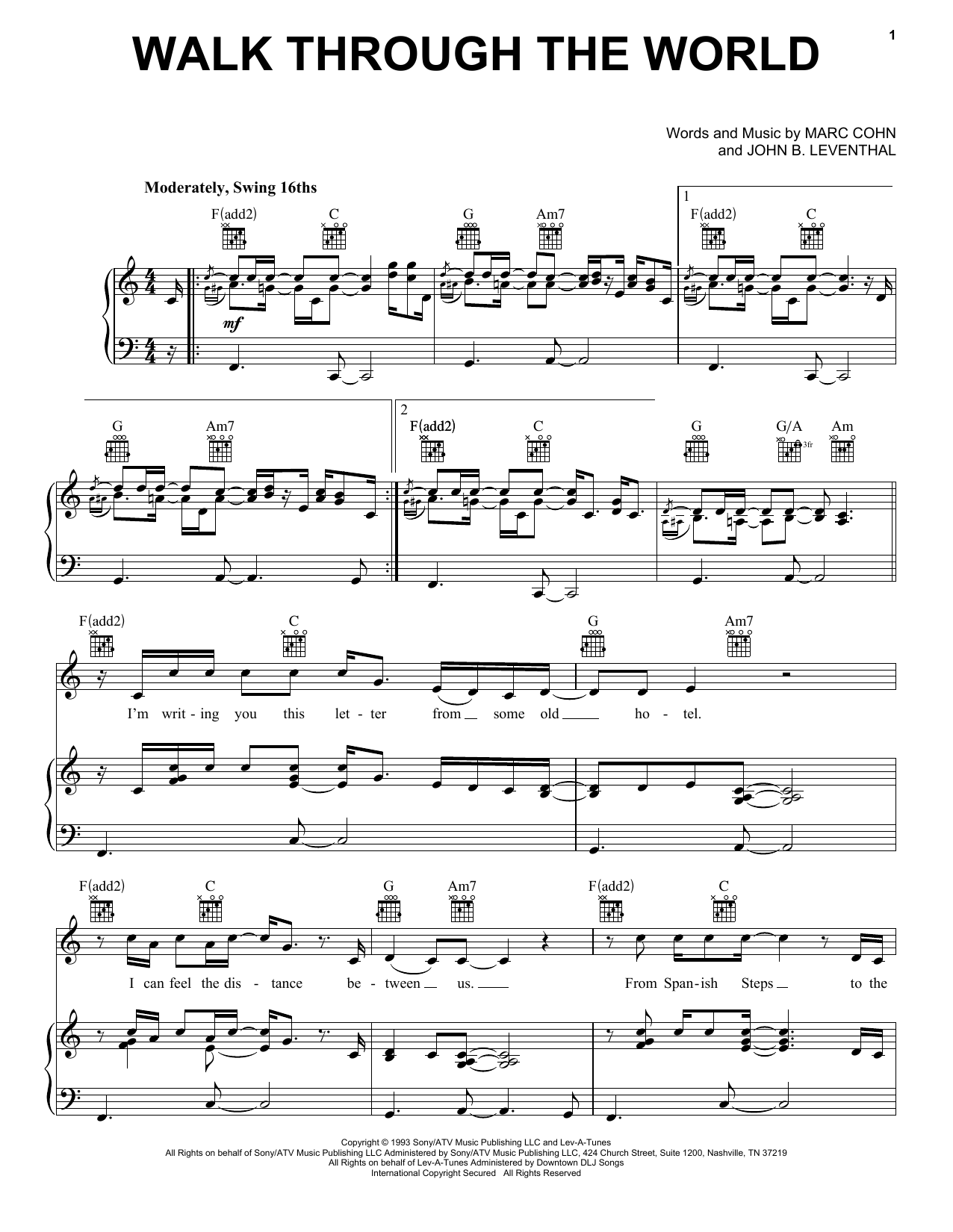 Marc Cohn Walk Through The World sheet music notes and chords. Download Printable PDF.