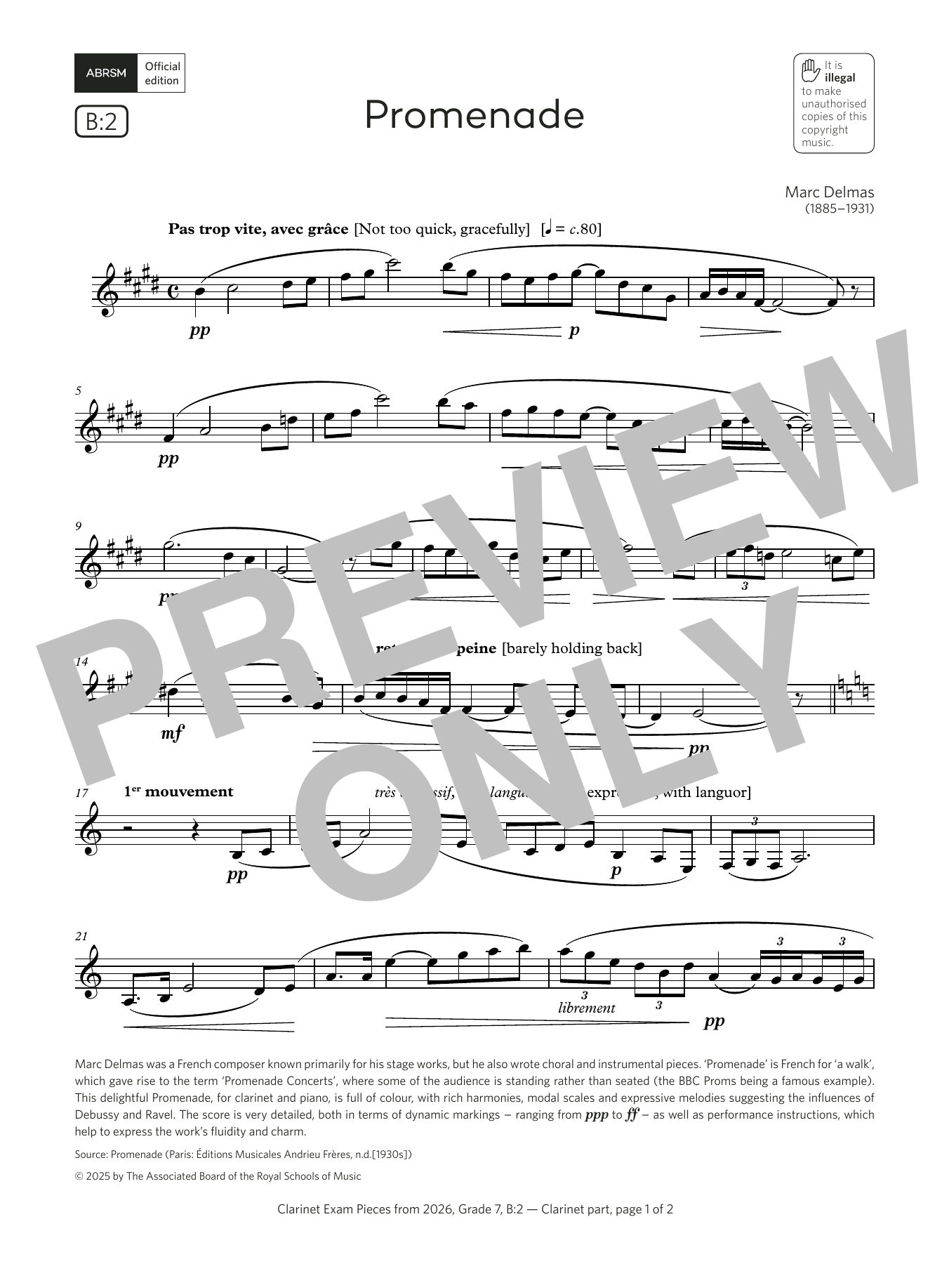 Learn to play Marc Delmas Promenade (Grade 7, list B2, from the ABRSM Clarinet Syllabus from 2026) sheet music for Clarinet Solo in minutes. Price: 6.9900$ Marc Delmas Promenade (Grade 7, list B2, from the ABRSM Clarinet Syllabus from 2026) sheet music notes and chords arranged for Clarinet Solo