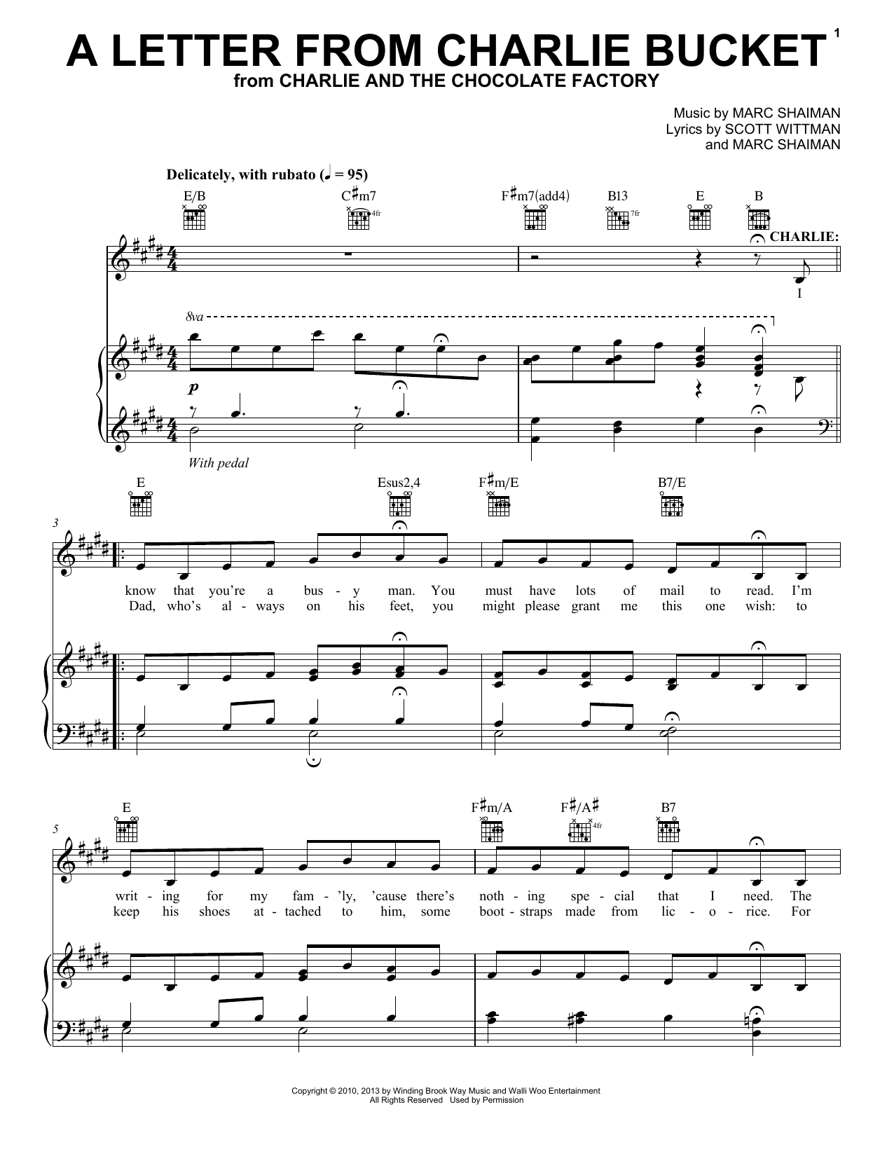 Learn to play Marc Shaiman & Scott Wittman A Letter From Charlie Bucket sheet music for Piano, Vocal & Guitar Chords (Right-Hand Melody) in minutes. Price: 7.8900$ Marc Shaiman & Scott Wittman A Letter From Charlie Bucket sheet music notes and chords arranged for Piano, Vocal & Guitar Chords (Right-Hand Melody)
