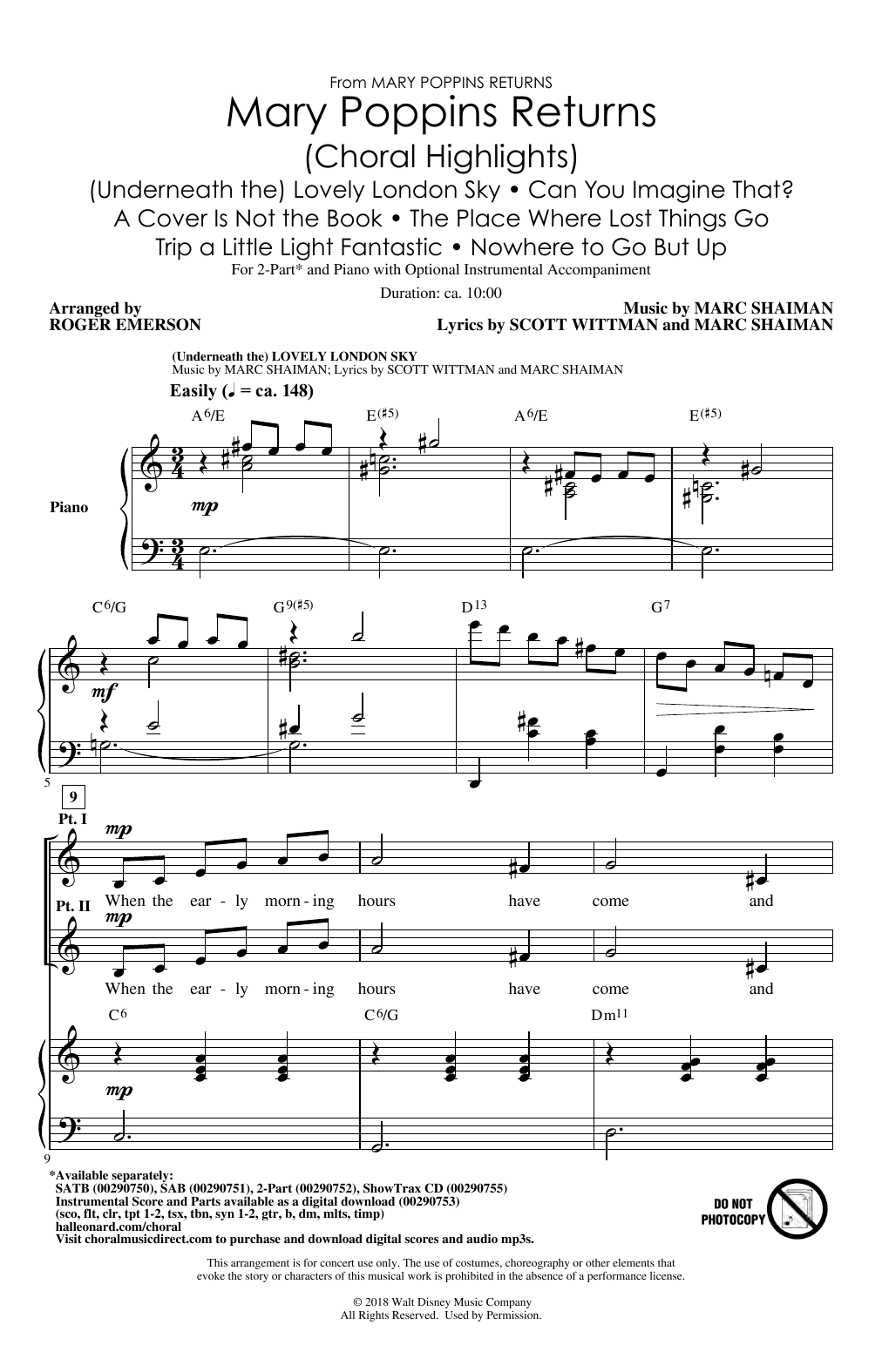 Marc Shaiman & Scott Wittman Mary Poppins Returns (Choral Highlights) (arr. Roger Emerson) sheet music notes and chords arranged for 2-Part Choir