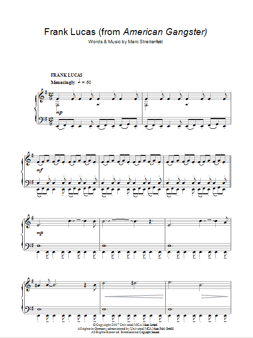 Marc Streitenfeld Frank Lucas (from American Gangster) sheet music notes and chords arranged for Piano Solo