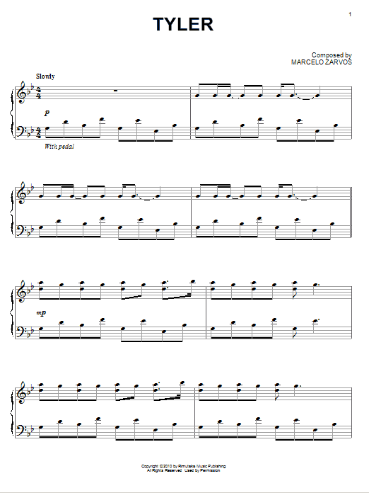 Learn to play Marcelo Zarvos Tyler sheet music for Piano Solo in minutes. Price: 7.8900$ Marcelo Zarvos Tyler sheet music notes and chords arranged for Piano Solo