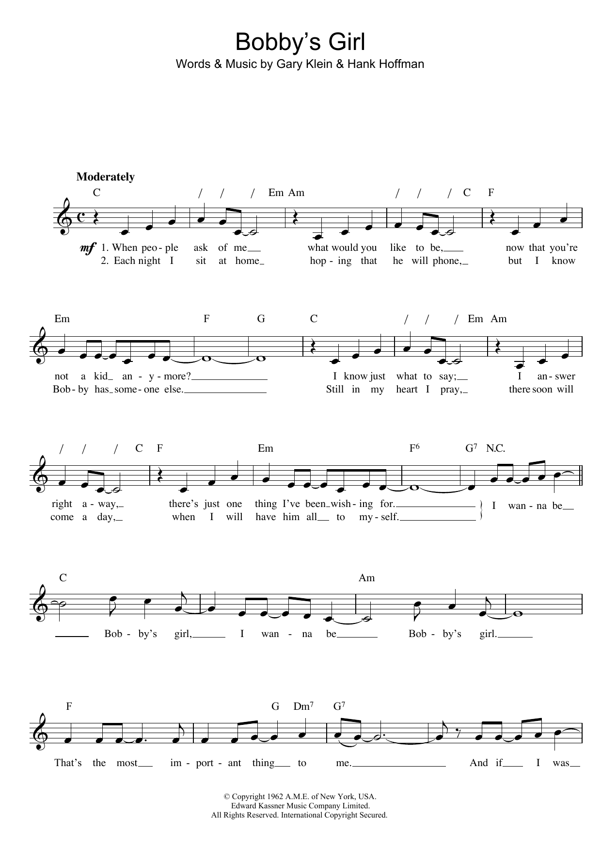 Marcie Blane Bobby's Girl sheet music notes and chords. Download Printable PDF.