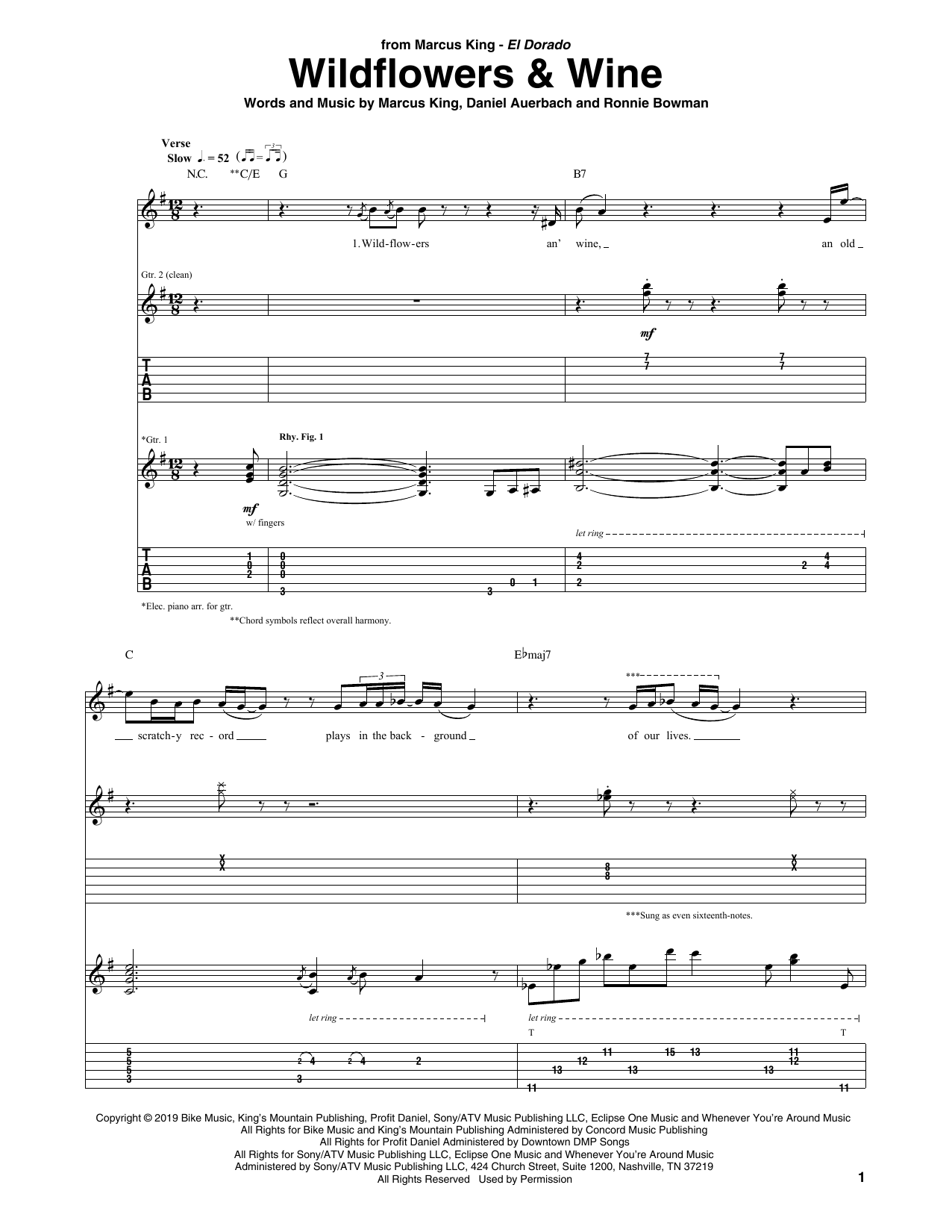 Marcus King Wildflowers & Wine sheet music notes and chords. Download Printable PDF.