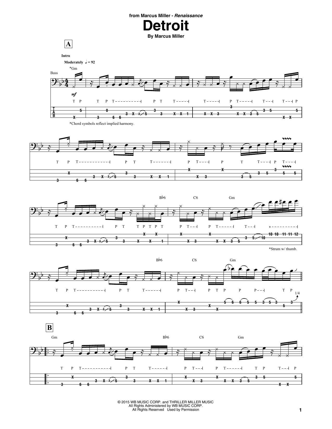 Marcus Miller Detroit sheet music notes and chords. Download Printable PDF.