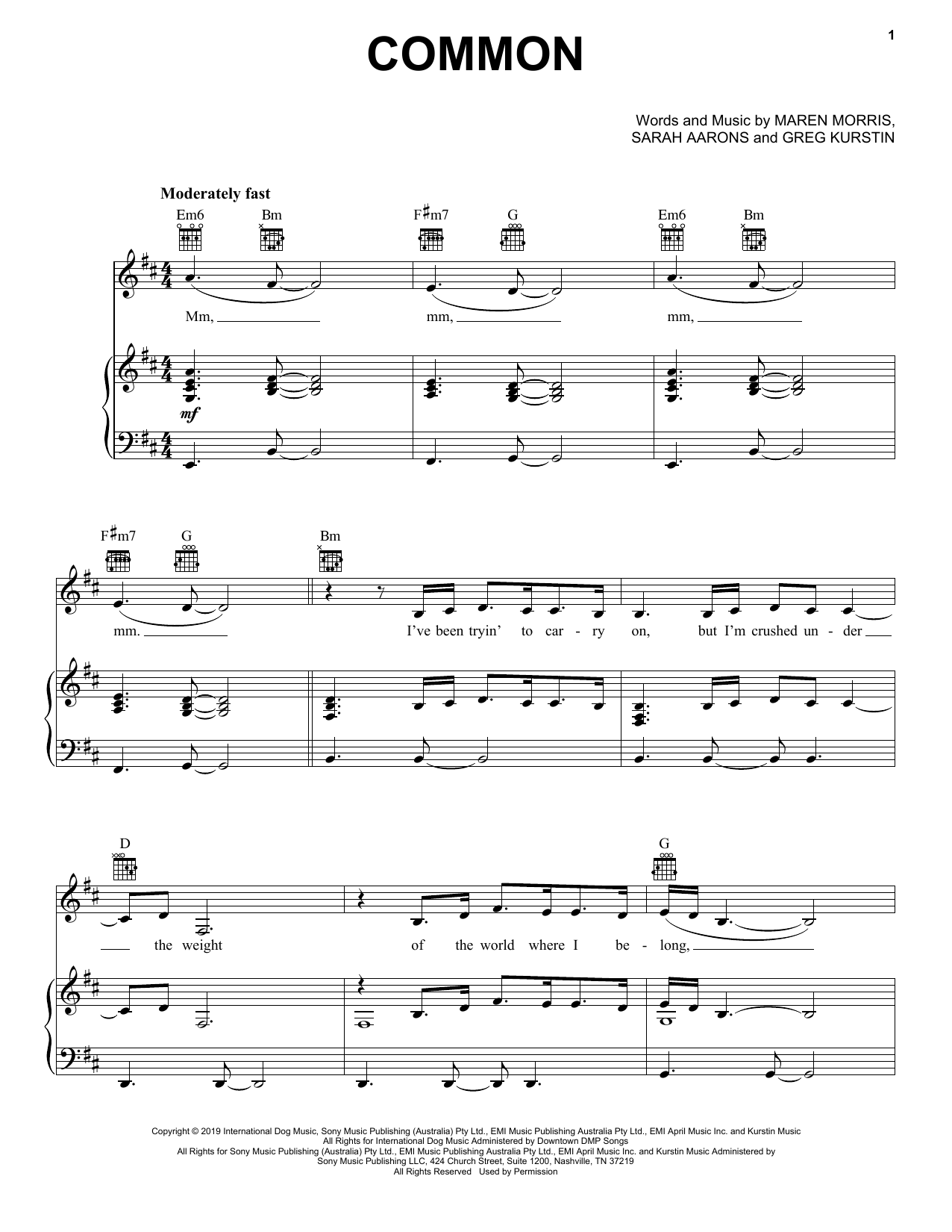 Learn to play Maren Morris Common (feat. Brandi Carlile) sheet music for Piano, Vocal & Guitar Chords (Right-Hand Melody) in minutes. Price: 7.8900$ Maren Morris Common (feat. Brandi Carlile) sheet music notes and chords arranged for Piano, Vocal & Guitar Chords (Right-Hand Melody)