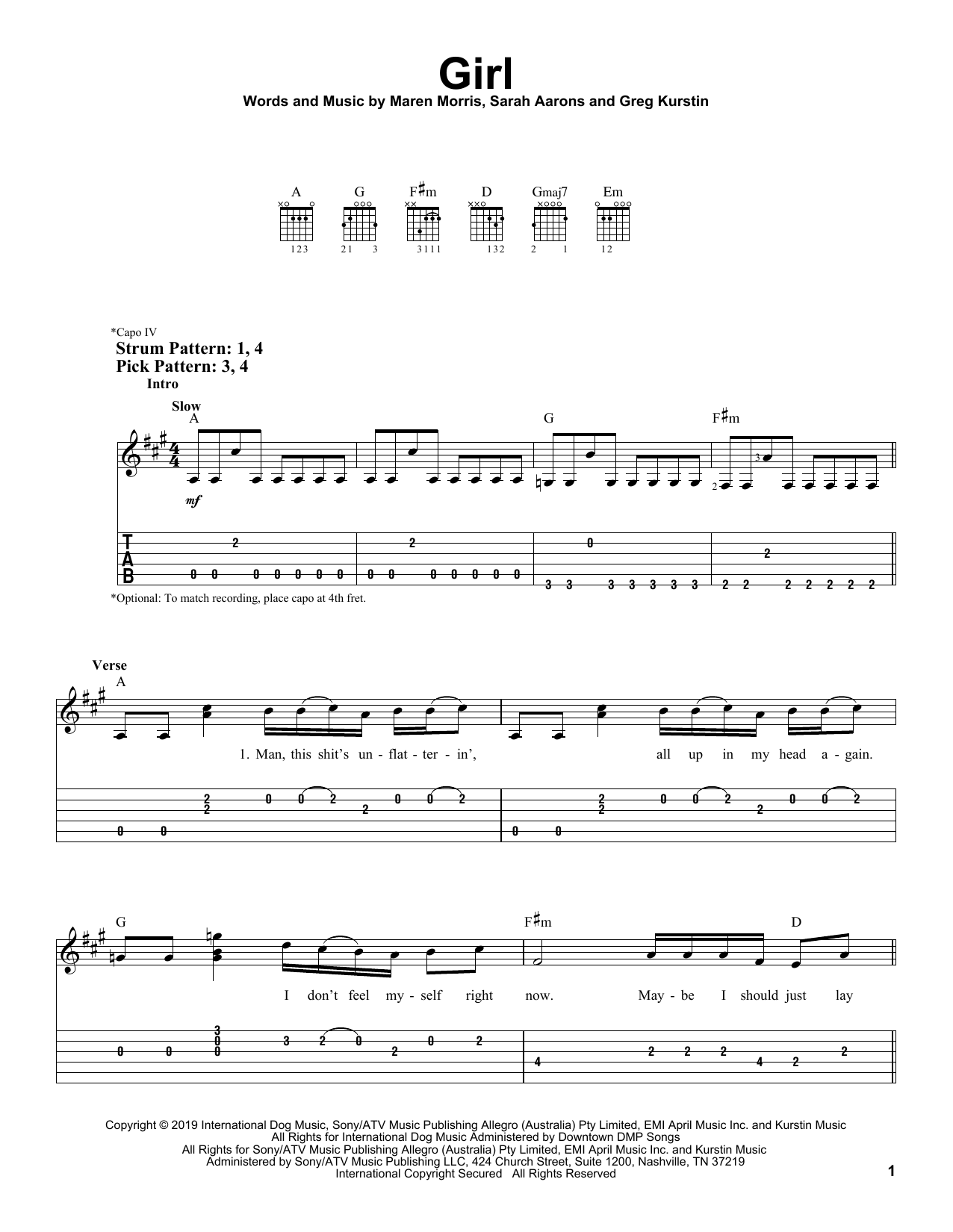 Maren Morris GIRL sheet music notes and chords. Download Printable PDF.