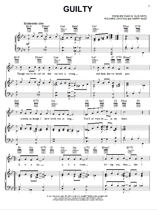 Learn to play Margaret Whiting Guilty sheet music for Piano, Vocal & Guitar Chords (Right-Hand Melody) in minutes. Price: 7.8900$ Margaret Whiting Guilty sheet music notes and chords arranged for Piano, Vocal & Guitar Chords (Right-Hand Melody)