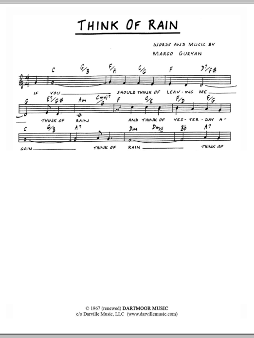 Learn to play Margo Guryan Think Of Rain sheet music for Lead Sheet / Fake Book in minutes. Price: 5.9900$ Margo Guryan Think Of Rain sheet music notes and chords arranged for Lead Sheet / Fake Book
