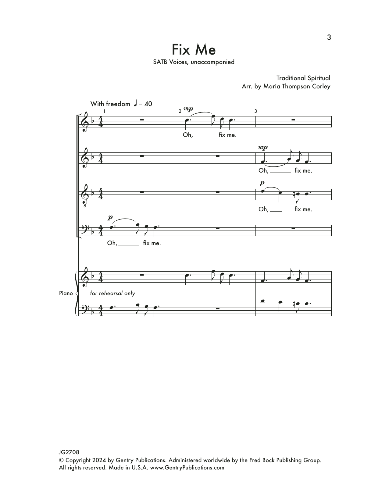 Learn to play Maria Corley Fix Me sheet music for SATB Choir in minutes. Price: 3.9900$ Maria Corley Fix Me sheet music notes and chords arranged for SATB Choir