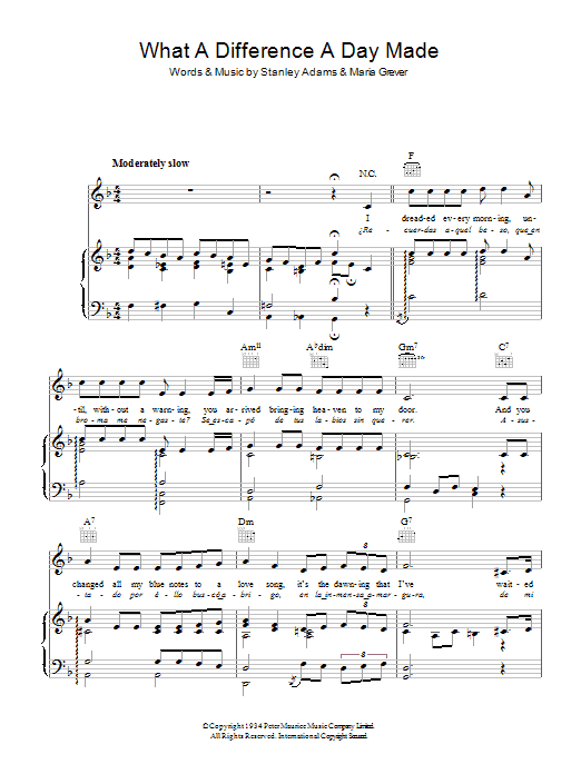 Learn to play Maria Grever What A Difference A Day Made sheet music for Piano, Vocal & Guitar Chords in minutes. Price: 7.8900$ Maria Grever What A Difference A Day Made sheet music notes and chords arranged for Piano, Vocal & Guitar Chords