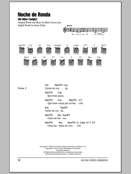 Maria Teresa Lara Noche De Ronda (Be Mine Tonight) sheet music notes and chords. Download Printable PDF.