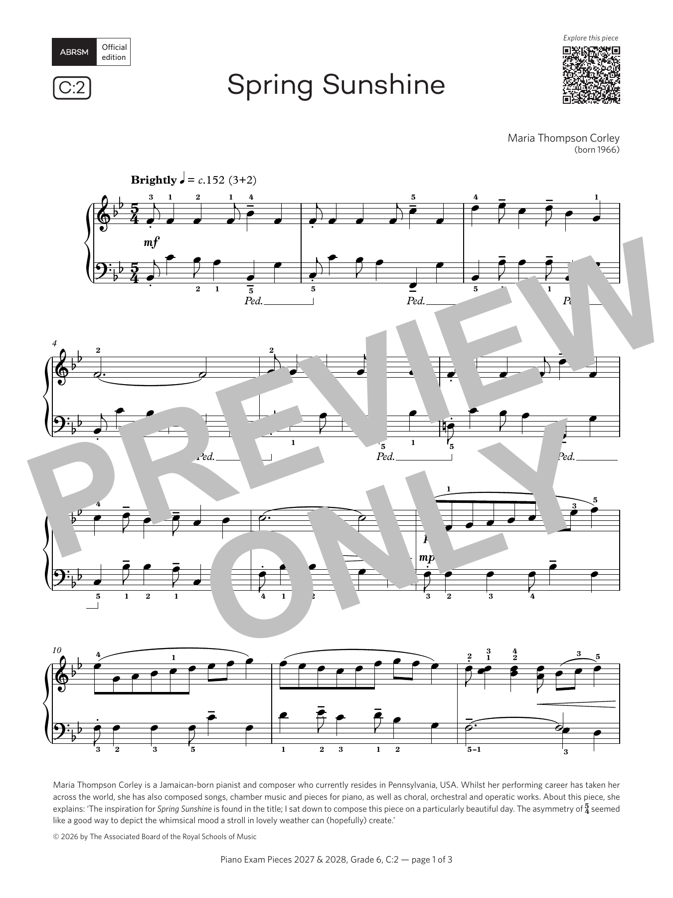 Maria Thompson Corley Spring Sunshine (Grade 6, list C2, from the ABRSM Piano Syllabus 2027 & 2028) sheet music notes and chords arranged for Piano Solo