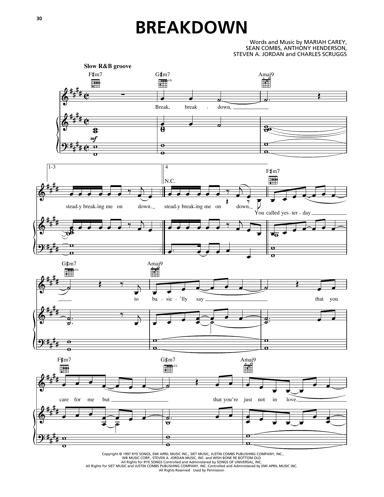 Mariah Carey Breakdown (feat. Krayzie Bone & Wish Bone) sheet music notes and chords arranged for Piano, Vocal & Guitar Chords (Right-Hand Melody)