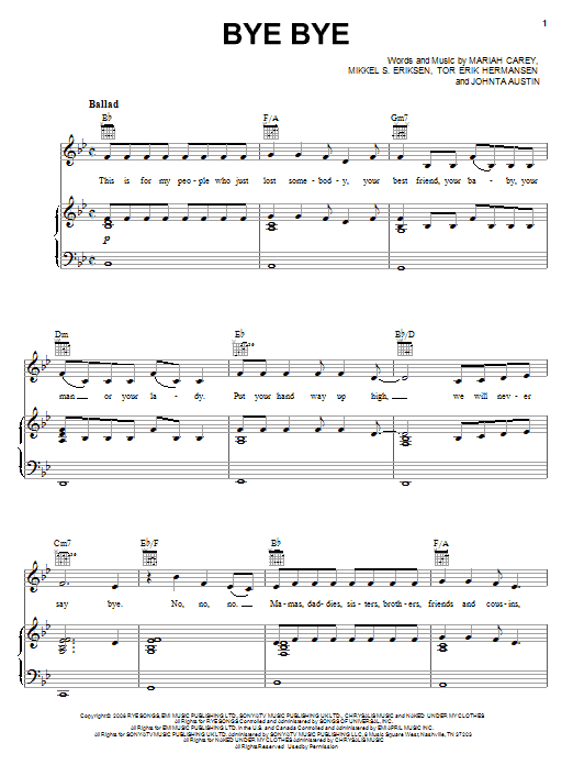 Mariah Carey Bye Bye sheet music notes and chords arranged for Piano, Vocal & Guitar Chords (Right-Hand Melody)