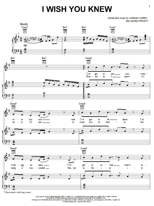 Learn to play Mariah Carey I Wish You Knew sheet music for Piano, Vocal & Guitar Chords (Right-Hand Melody) in minutes. Price: 7.8900$ Mariah Carey I Wish You Knew sheet music notes and chords arranged for Piano, Vocal & Guitar Chords (Right-Hand Melody)